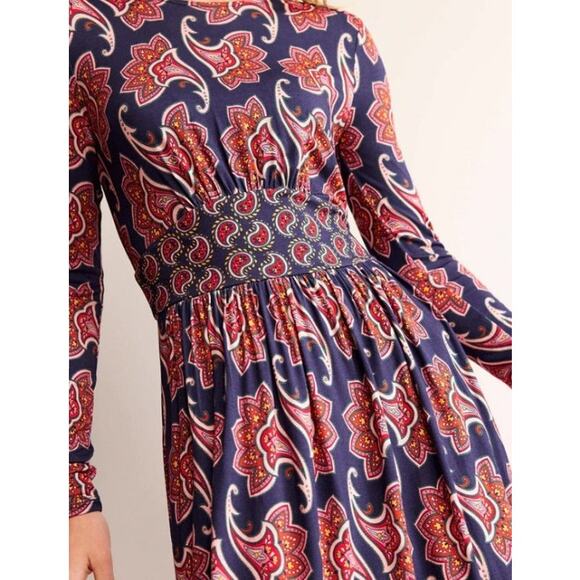 Boden Thea Long Sleeve Midi Dress French Navy Paisley Amaryllis Size 10R - Picture 2 of 9